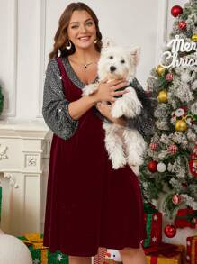 EMERY ROSE Plus Size Christmas V-Neck Sequins Patchwork Elegant Long Sleeve Winter Dress Christmas Dress
