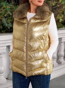 EMERY ROSE Plus Size Sleeveless Zipper Pocket Winter Coat With Fur Collar, Simple Fashion Casual Outerwear For Daily Wear, Thanksgiving Women, New Years Women ,Winter Coats - Gold - View 6