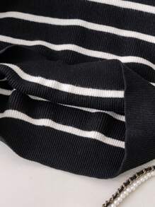 女童拼色黑白条纹针织毛衣，优雅圆领套头衫，适合青少年和青春期儿童