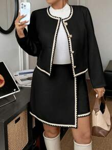 Calvaya 2pcs Set: Ruffle Trim Metal Faux Pearl Button Front Jacket And Women Mid-Length Skirt, Elegant - Black - View 3