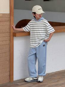 SHEIN 2pcs/Set Tween Boy Korean Style Loose Casual Hooded Striped Patchwork Short Sleeve T-Shirt And Pants Set, Suitable For Sports, Casual Wear, And School - Blue - View 3