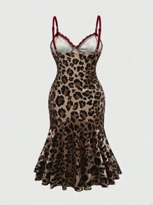 ROMWE Grunge Punk Vintage Y2K Gyaru Leopard Print Contrast Color Mermaid Cocktail Dress, Plus Size Women Party Dress For Valentine's Day, For Summer