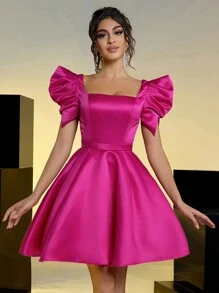 SHEIN Belle Elegant And Gorgeous Rose Red Square Neck Puff Sleeves Dress Suitable For Evening Bachelor Party Birthday Date, Back To School Prom Dress, Wedding Guest Dress