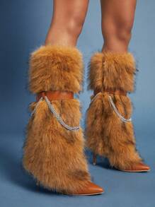 SHUZIA New Fluffy Vegan Leather Zipper Pointed Toe, Chain Decor Heeled Boots Holiday Vacay Vibe For And Summer Shoes Spring Shoes Spring Break Easter