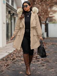 Calvaya Manteau rembourré à zip avec capuche en peluche et empiècement, pour vêtements d'hiver, grande taille