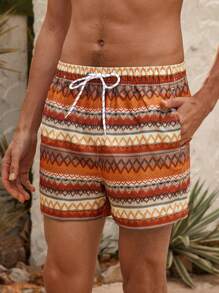 Manfinity VDAYZ Men's Beach Shorts Couples Matching Swimwear Drawstring Waist Front Tie Pocket Geometric Print Beach Vacation Hawaiian