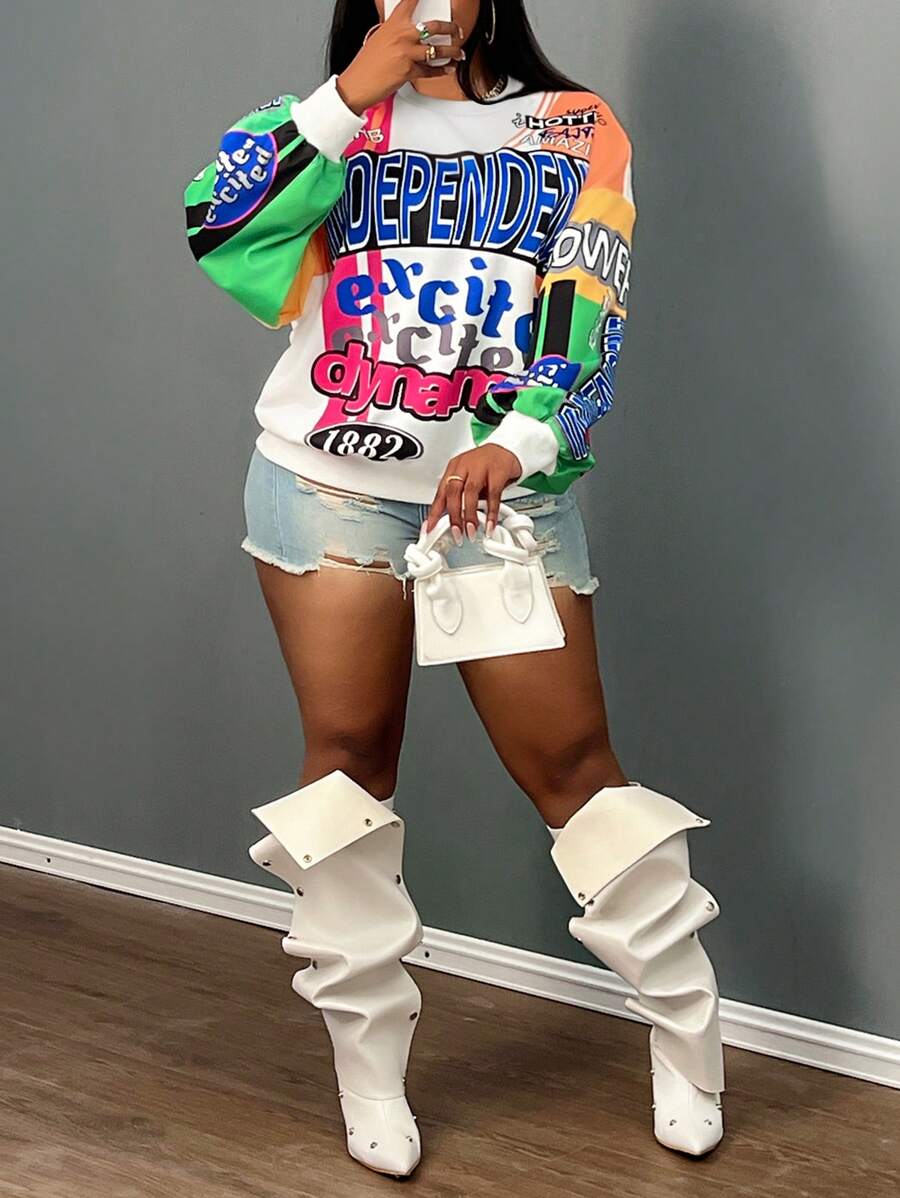 Slaydiva 2024 秋冬新款女式全印花圆领长袖休闲运动衫 - 彩色 - 查看 1