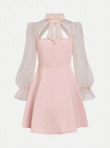 SHEIN Tween Girls Elegant & Glamorous Mesh Contrast Hollow-Out Flared Princess Dress - Dusty Pink - View 3