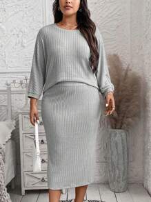 SHEIN LUNE 2pcs/Set Women's Casual Bat Wing Ribbed Crop Top And Mini Skirt Outfit Winter Clothes - Light Grey - View 6