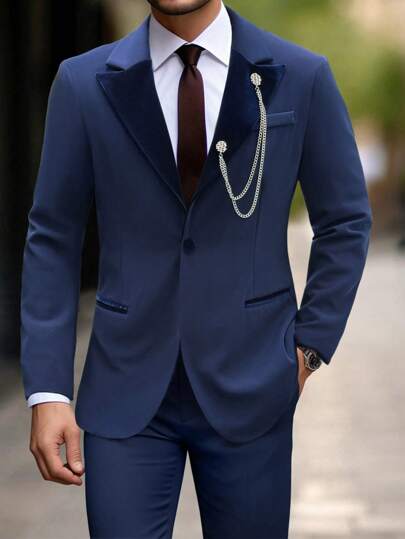  Conjunto de traje de hombre Manfinity Mode con chaqueta y pantalones decorados con cadena, conjunto de traje azul