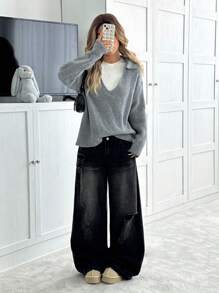 SHEIN EZwear Áo len chui đầu dài tay cổ chữ V sâu cho nữ, mặc hàng ngày - Xám - Xem 3