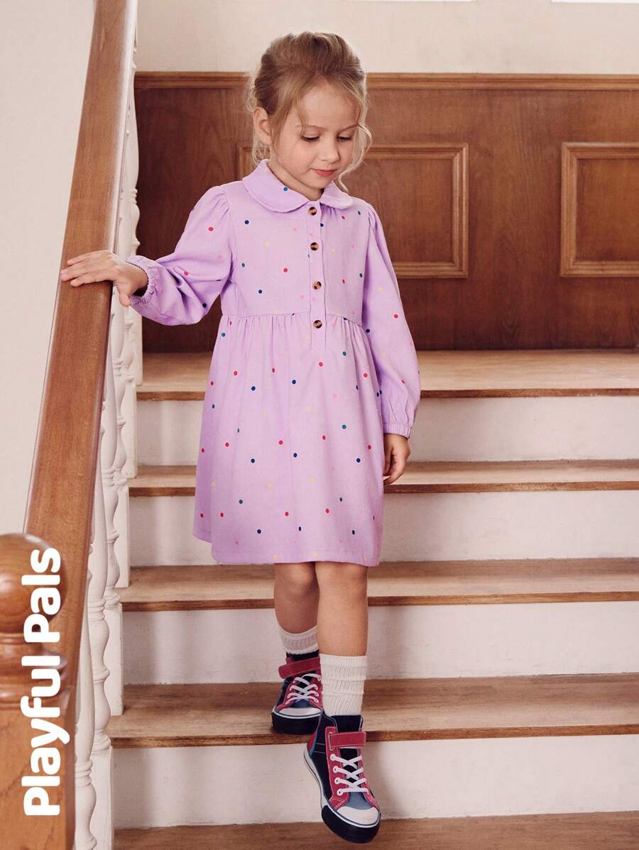 SHEIN 1 Pc Young Girls Dresses Colorful Polka Dot Fun Peter Pan Collar A-Line Dress Cute/Vintage/Casual/Outings Autumn/Winter/Spring Suitable For School And Outings - Mauve Purple - View 1