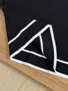 1pc Tween Girl European Style Black Ruffle Trim Crew Neck Knit Top, Autumn - Black - View 6