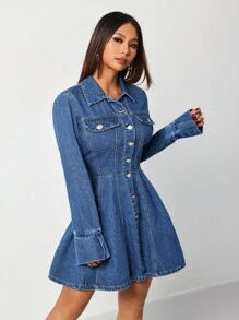 SHEIN ICON 女士修身牛仔迷你连衣裙，蓝色