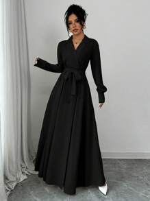 Selianne Elegant Collared Waist Pleated Cinched Waist Design Dress Fall Cloth For Women