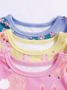 6pcs/Set Baby Girls' Minimalist Fashion All Over Print Turtle, Rabbit, Cat Animal Pattern Long Sleeve Tight Fit Pajamas - Multicolor - View 6