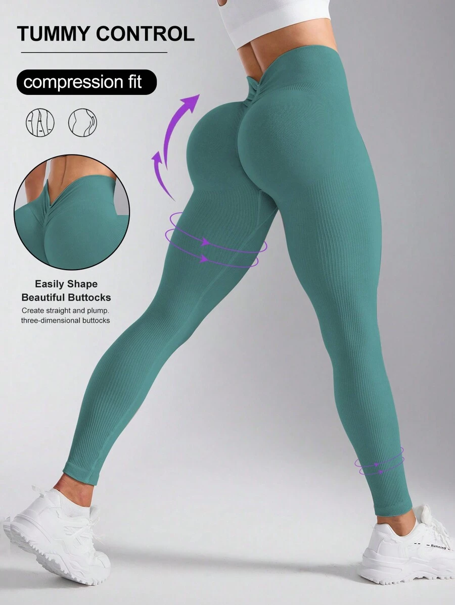Easithlete Quần legging tập thể dục hàng ngày cạp cao trơn dành cho nữ - Màu xanh bụi bặm - Xem 1