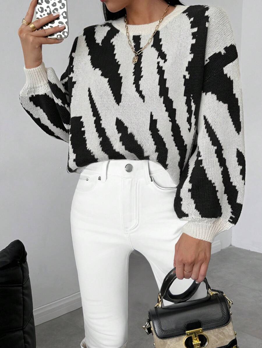 Chiquease Zebramuster lose gestrickter Rundhals Langarm Pullover für Damen, Herbst/Winter