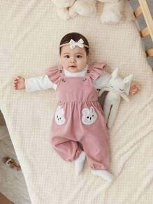 SHEIN Newborn Baby Girl Casual Corduroy Cartoon Embroidery Jumpsuit With Ruffle Hem - Dusty Pink - View 4