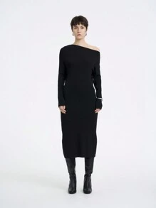 SHEIN LUNE 女士休闲斜肩长袖针织毛衣连衣裙，秋冬 - 黑色 - 查看 1