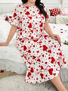 加大码圆领短袖荷叶边心形印花长款睡袍，Moo Moo 睡裙 - 紅白色 - 查看 4