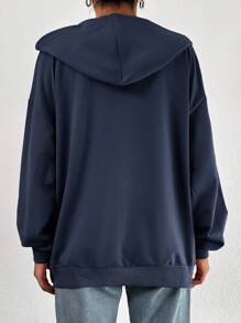 EURMUSE 100%Cotton Letter Graphic Drop Shoulder Hoodie - Navy Blue - View 2