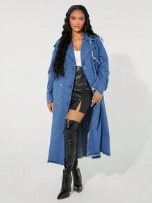 SHEIN SXY Women's Front Button Long Sleeve Frayed Edge Casual Denim Jacket - Blue - View 6