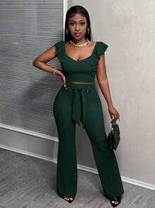 Slaydiva 2 件套女士优雅性感通勤风格红色纯色无袖荷叶边吊带背心和修身系带直筒裤