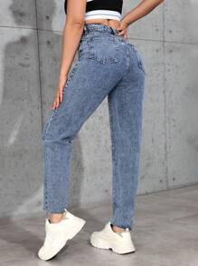 女士鬆身牛仔長褲，休閒通勤直筒款式，附帶口袋