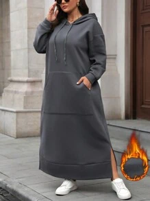 SHEIN LUNE Plus Size Women's Solid Color Hooded Dress, Autumn/Winter
