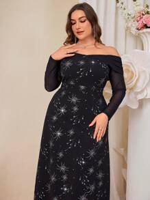 SHEIN Belle Plus Size Knitted Contrast Mesh Black Waist-Cinched A-Line Dress, Wedding Guest Dress Music Festival  Spring/Summer - Black - View 4