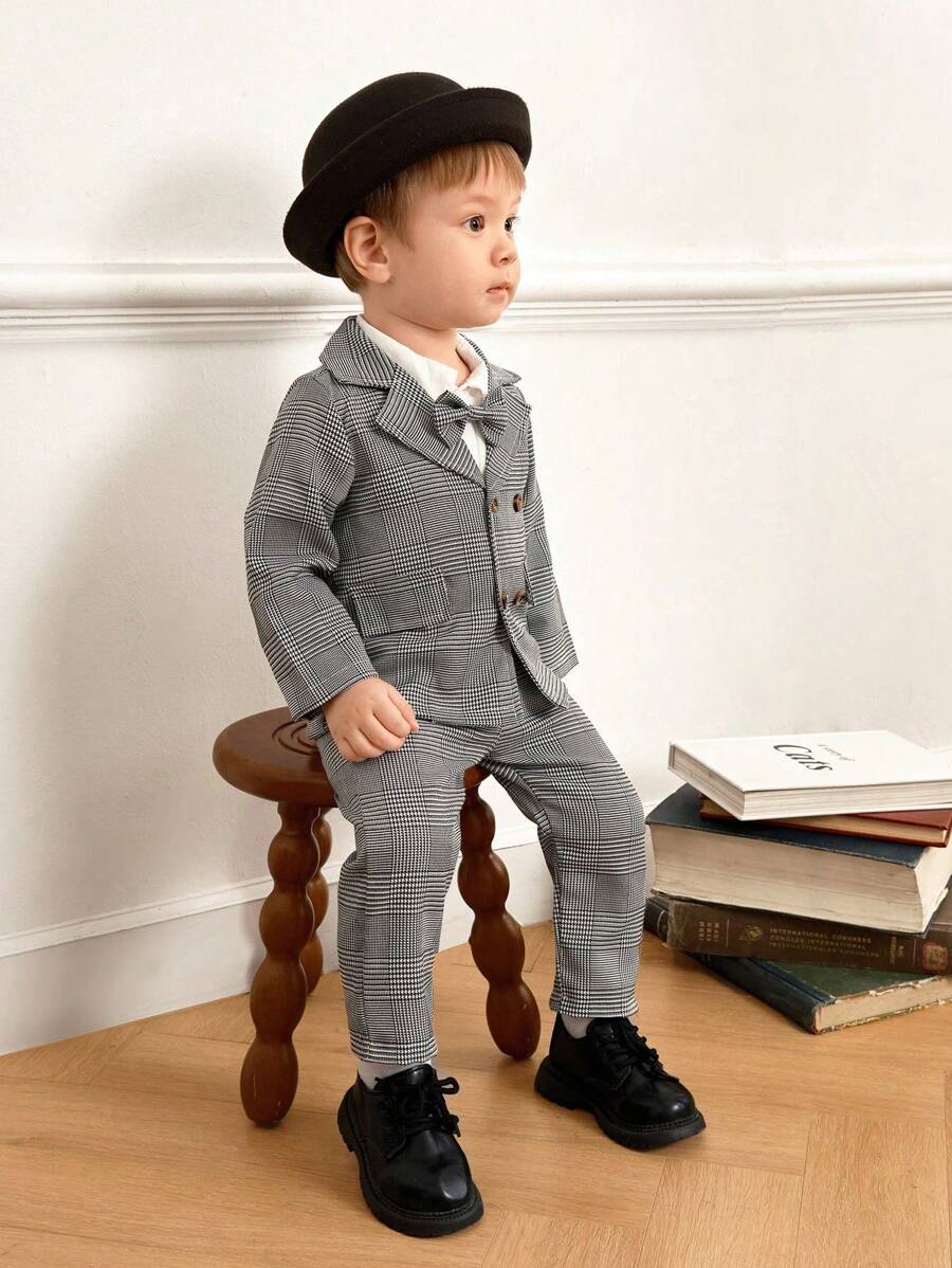 SHEIN 2 件男婴绅士风格千鸟格印花西装外套和格子裤套装，带可拆卸蝴蝶结，适合派对和学校，秋冬季 - 彩色 - 查看 1