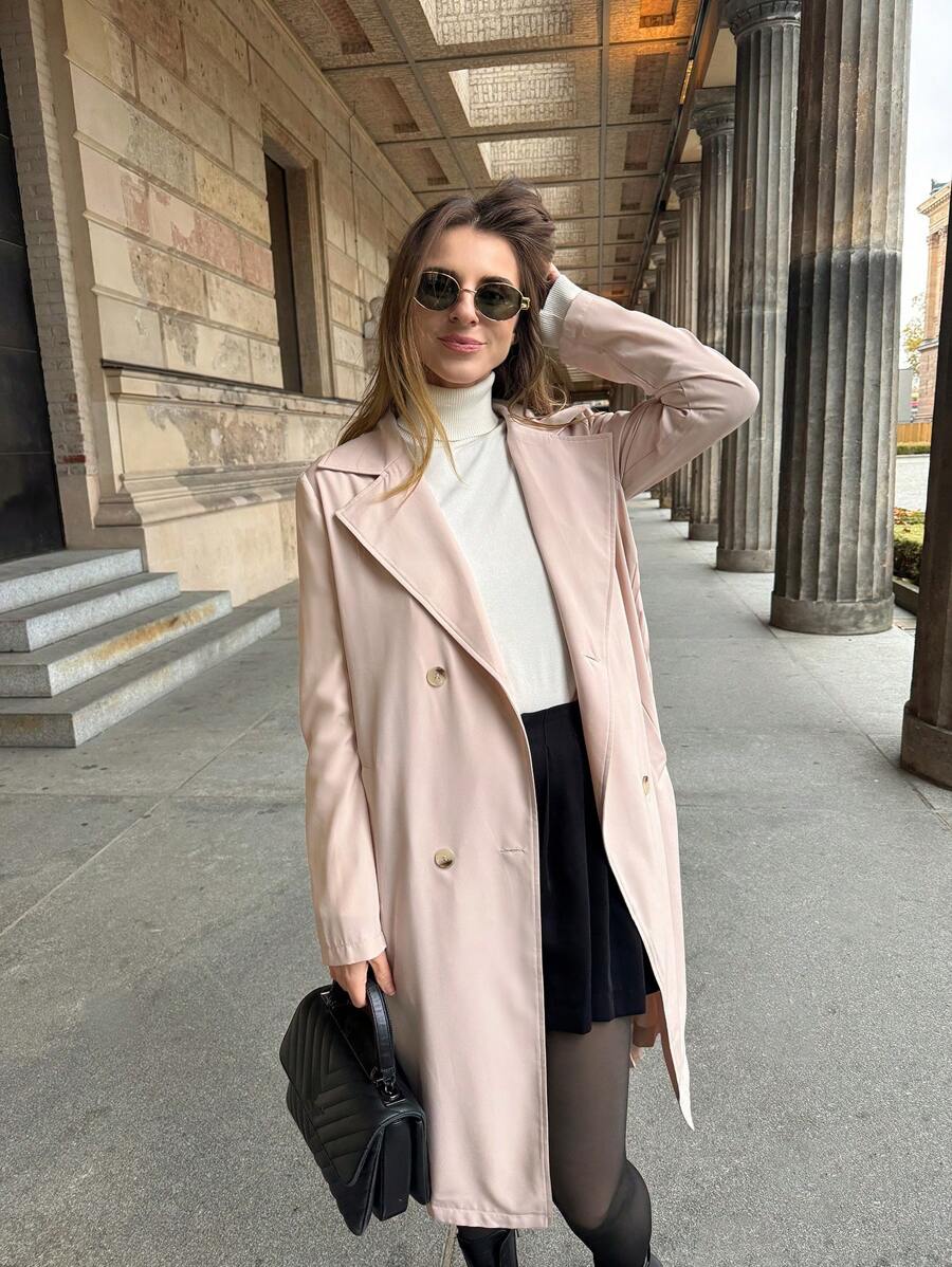 Pariaura 优雅时尚宽松翻领双排扣后褶拼接杏色女士风衣 - 杏色 - 查看 1