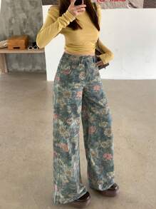 DAZY Women's Retro Floral All-Over Print Wide Leg Jeans - Blue - View 6