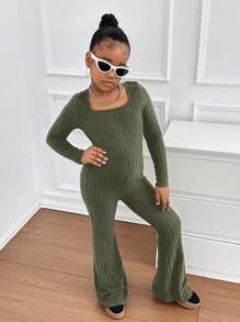 SHEIN Tween Girl Casual Solid Color Long Sleeve Fitted Jumpsuit - Army Green - View 4