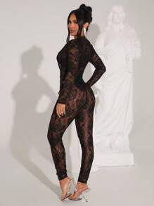 SHEIN SXY Mono de mujer de unicolor, de manga larga, transparente con aplicaciones de encaje y ajustado