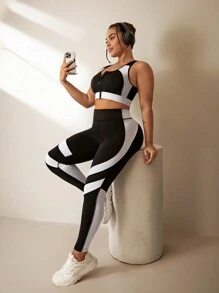 Rhythm Era 2-teiliges Trainingsanzug Set in Große Größen, Schwarz-Weiß Patchwork Sport-BH mit Reißverschluss und funktionale farblich abgesetzte Leggings Trainingsset für Frauen