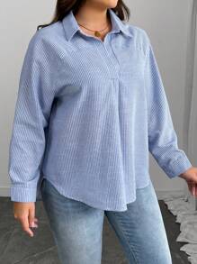 INAWLY Women Retro Casual Loose Striped Half-Button Shirt