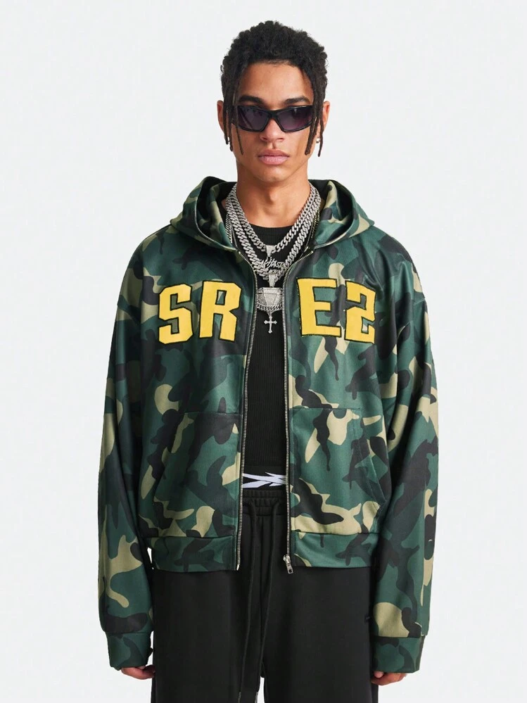 Manfinity NXTstreet Men's Dark Green Streetwear Knit Camo Letter Embroidered Loose Short Drop Shoulder Hooded Sweatshirt,Autumn City Break Casual Gift For Fall Winter - Green - View 1