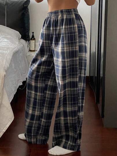Livesso Plaid Elastic Waist Casual Loose Comfortable Homewear Cozy Pants, Fall Pajama