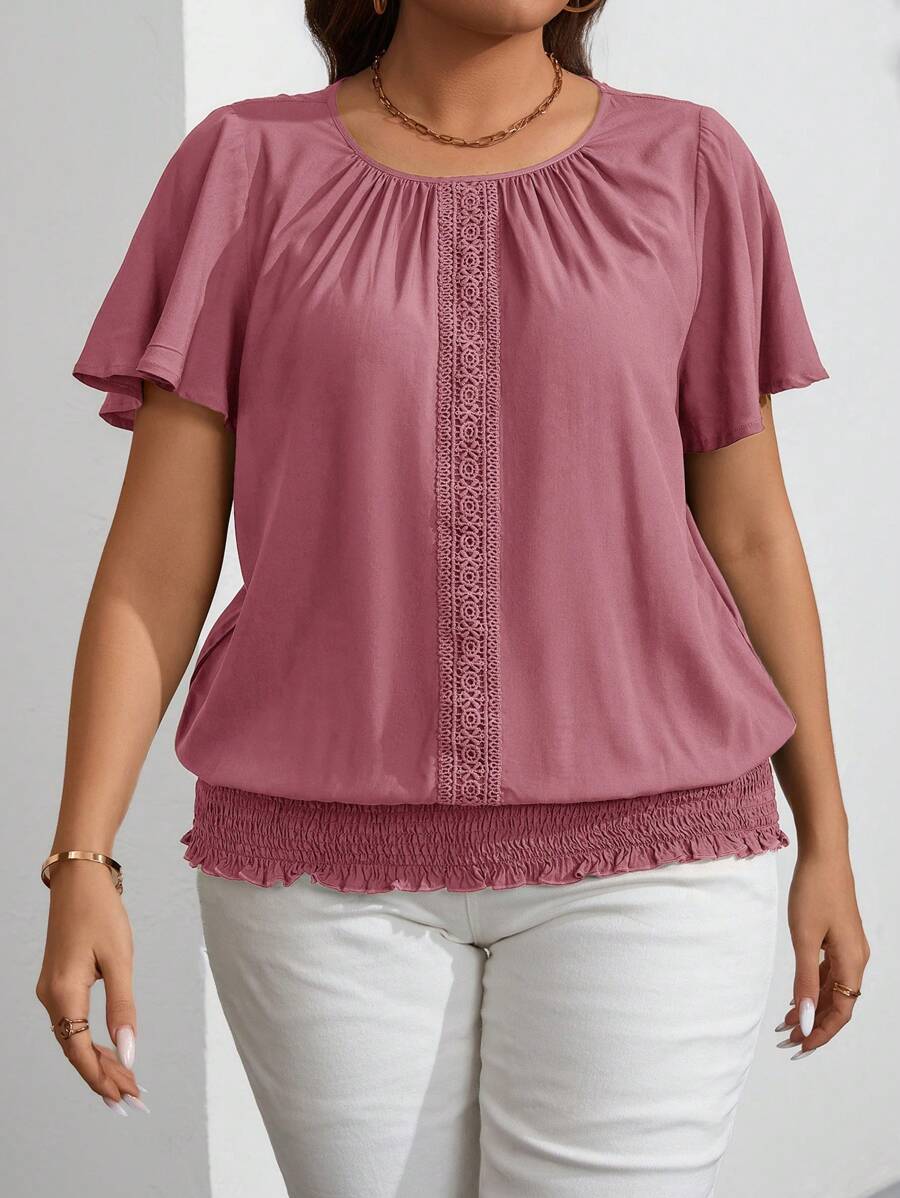 SHEIN LUNE Plus Size Women Ruffled Hem Elastic Crew Neck Short Sleeve Blouse Olive Green Top Army Green Top Sage Green Top Green Top Women - Dusty Pink - View 1