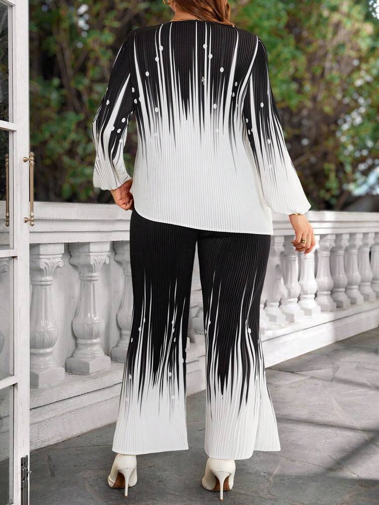 Plus Size Elegant Ombre Asymmetric Hem Shirt And Pants Winter Sets