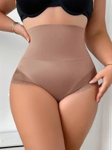 1 件女士加大码高腰蕾丝边塑身打底裤、内裤 - 摩卡棕 - 查看 4