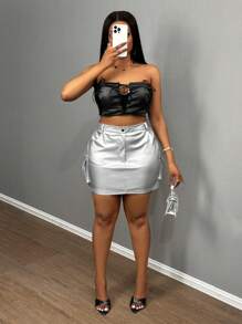 Slaydiva Plus Size Women's Solid Color PU Leather Pockets Bodycon Mini Skirt - Silver - View 5