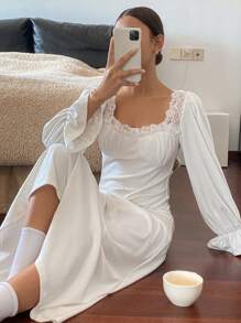 DAZY Romantic Lace Patchwork V-Neck Waisted Ruffle Sleeve Maxi Nightgown Pajama - White - View 6