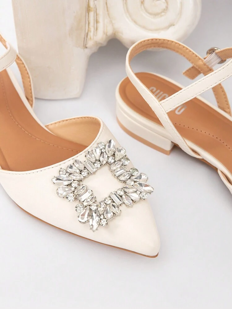 CUCCOO CHICEST Women's Elegant Rhinestone Embellished Pointed Toe Flats, Fashionable And Comfortable PU Leather Classics White Backless Slip-On Shoes, Versatile For Work, Commute, Party, Afternoon Tea Summer Break Easter For Christmas Elegant Shoes Wedding Shoes Summer Shoes Bride Shoes