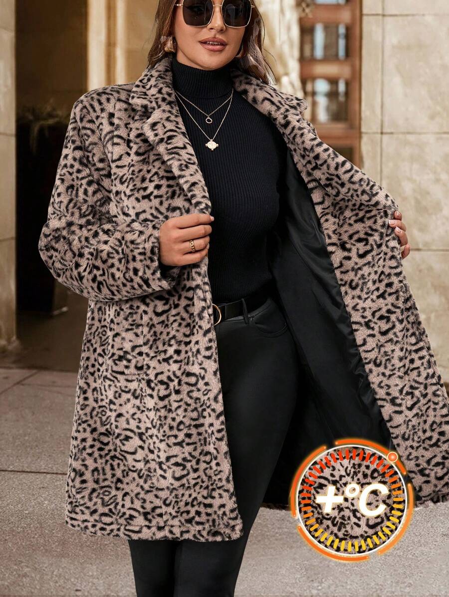 SHEIN Clasi Plus Size Leopard Print Fleece Jacket, Casual & Fashionable For Daily Wear - Pink - View 1