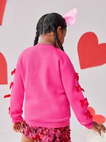 Sudadera rosa fucsia con diseño acogedor y creativo para niñas preadolescentes, con gráfica en relieve en forma de corazones y letras, decoración de lazo rojo, apta para Año Nuevo, Día de San Valentín, escuela, exterior, otoño/invierno - Rosa Fucsia - Ver 2