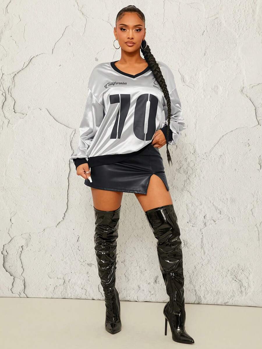 SHEIN SXY Oversized Silky Satin Texture Sporty Sweatshirt, Autumn/Winter - Silver - View 1