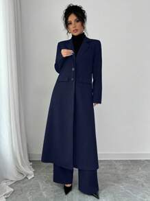 Selianne Bộ vest nữ ve rộng màu xám đậm dài quá khổ áo khoác và quần ống đứng - Màu xanh hải quân - Xem 5